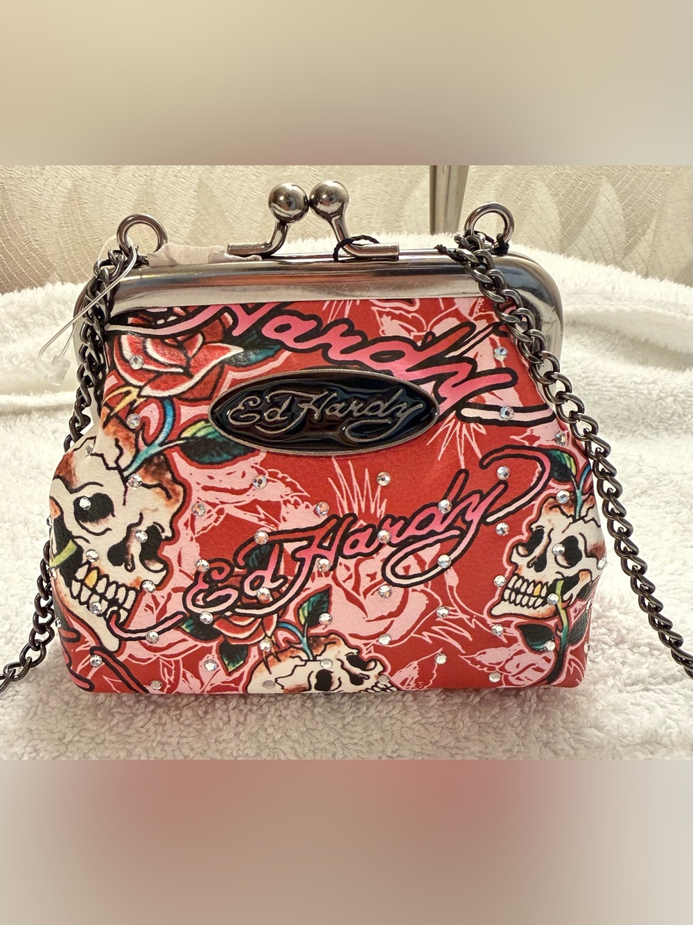 Ed Hardy Coral Red Floral Skull Frame Crossbody Bag